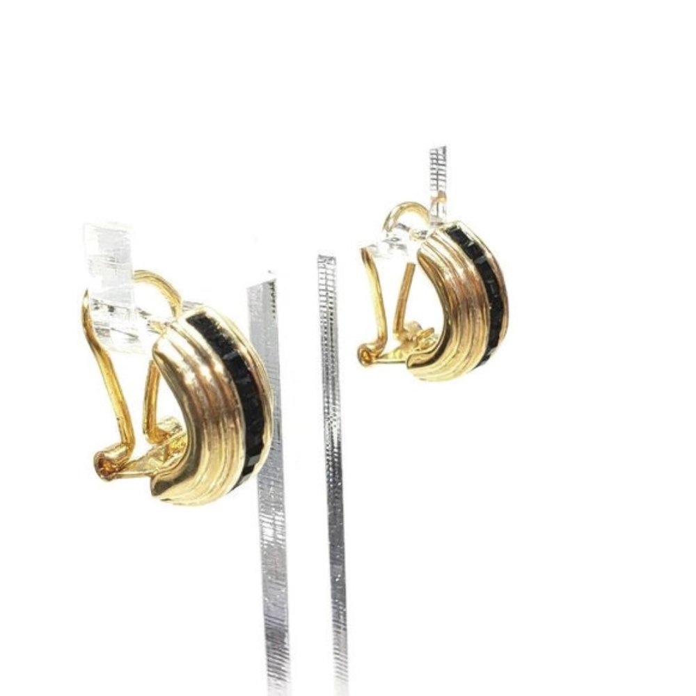 Gold Tone Jet Black Crystal Earrings French Backs - Picture 5 of 8